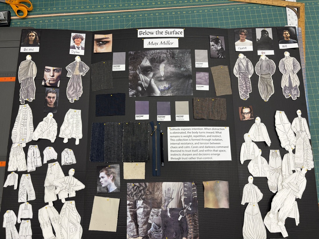 Below the Surface design board with illustrations, material swatches, palette, and research imagery